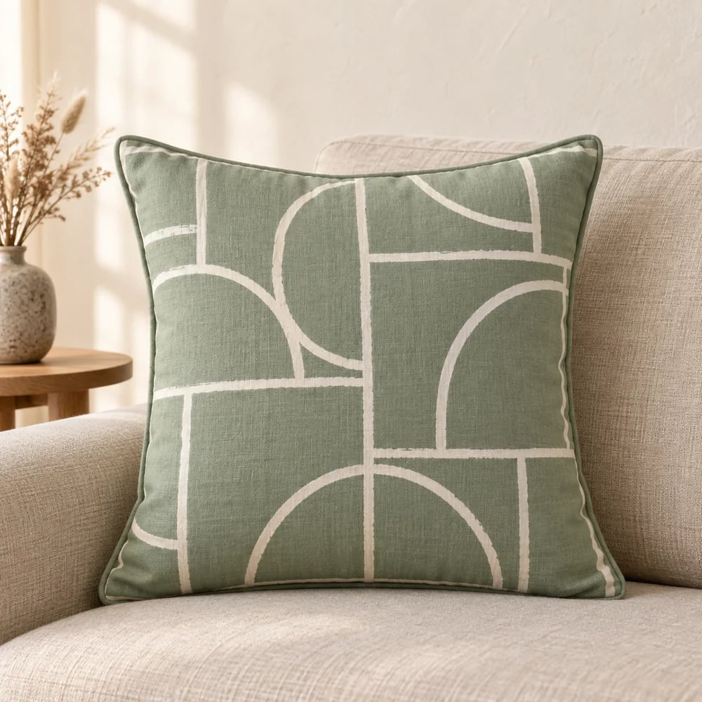Cotton cushion cover, geometric print in sage