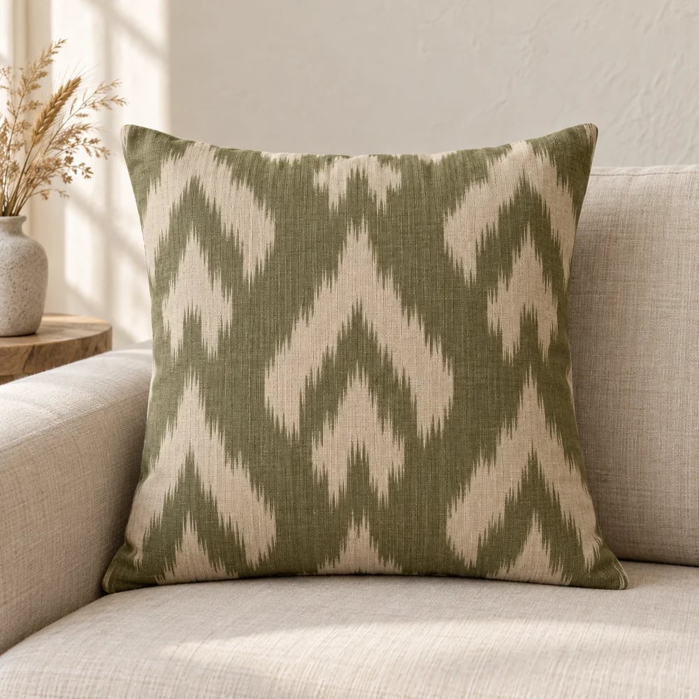 Cotton cushion cover, ikat print in olive