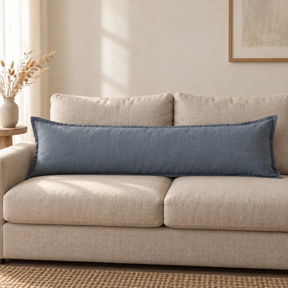 Linen long lumbar cushion, bed width in slate blue