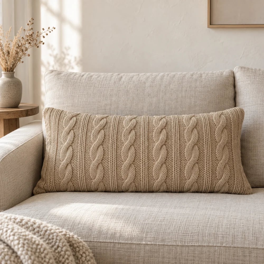 Cable knit lumbar cushion in flax