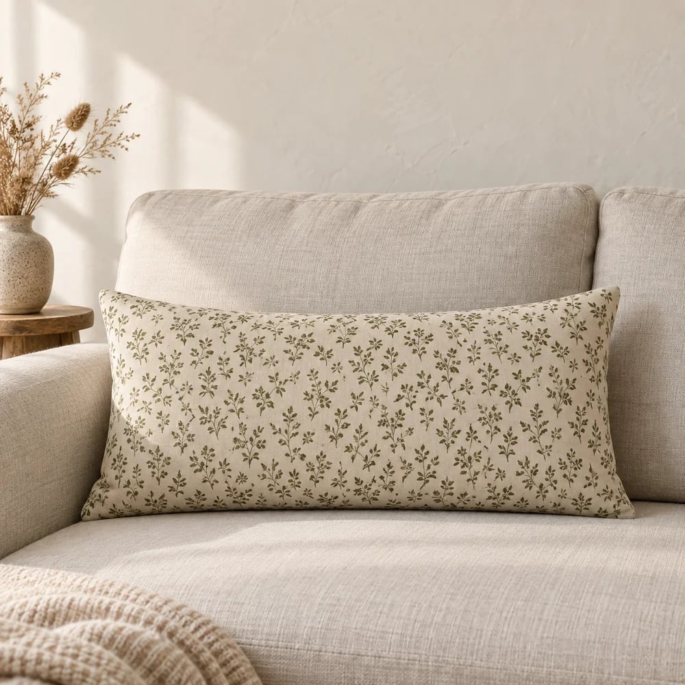 Cotton lumbar cushion, floral print in oatmeal
