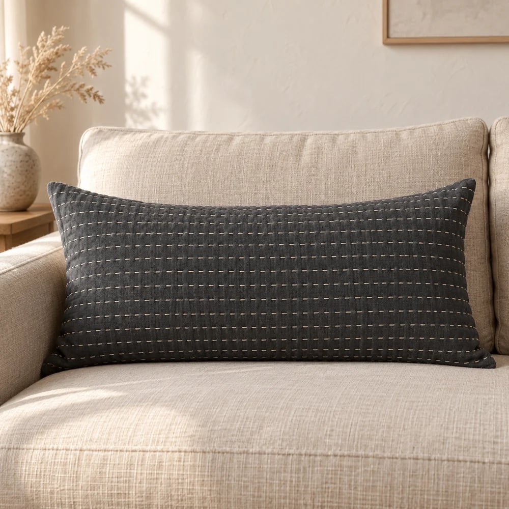 Cotton lumbar cushion, kantha stitched in charcoal