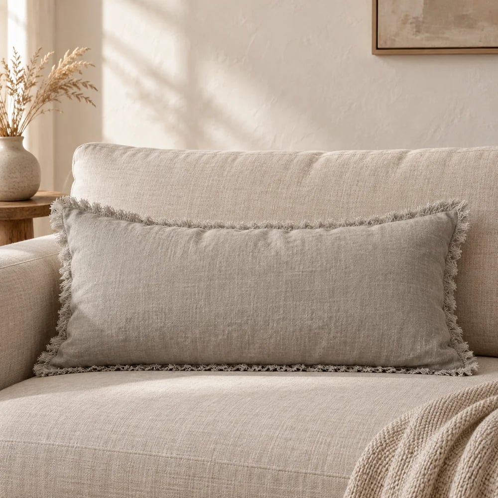 Linen lumbar cushion, self fringed in stone
