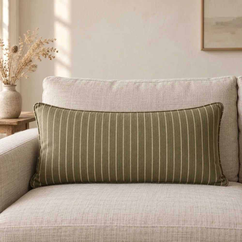 Cotton lumbar cushion, ticking stripe in olive