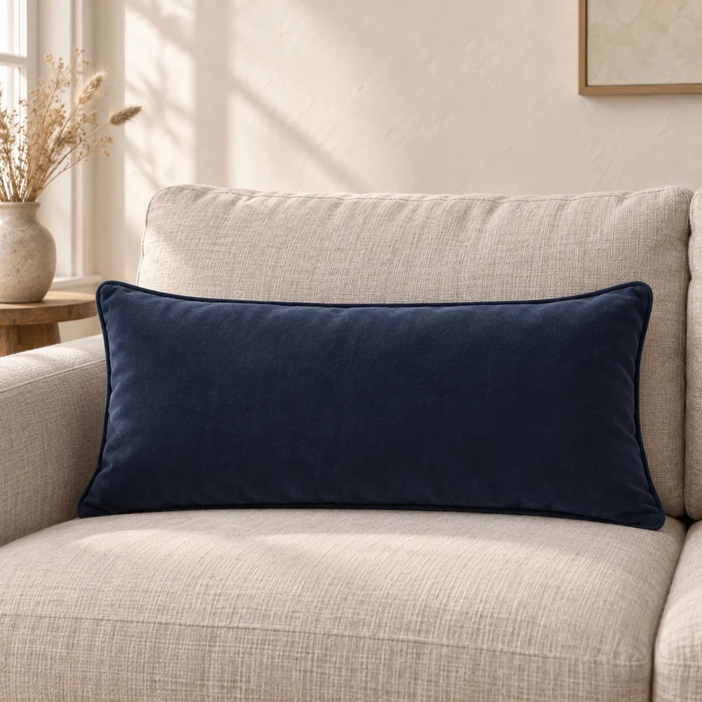 Cotton velvet lumbar cushion, piped in navy