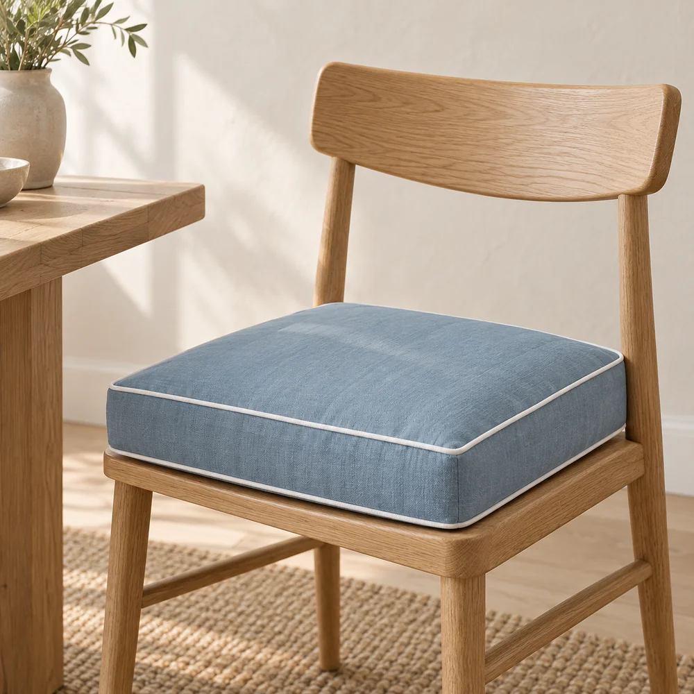 Linen seat pad, box edge, piped in muted blue