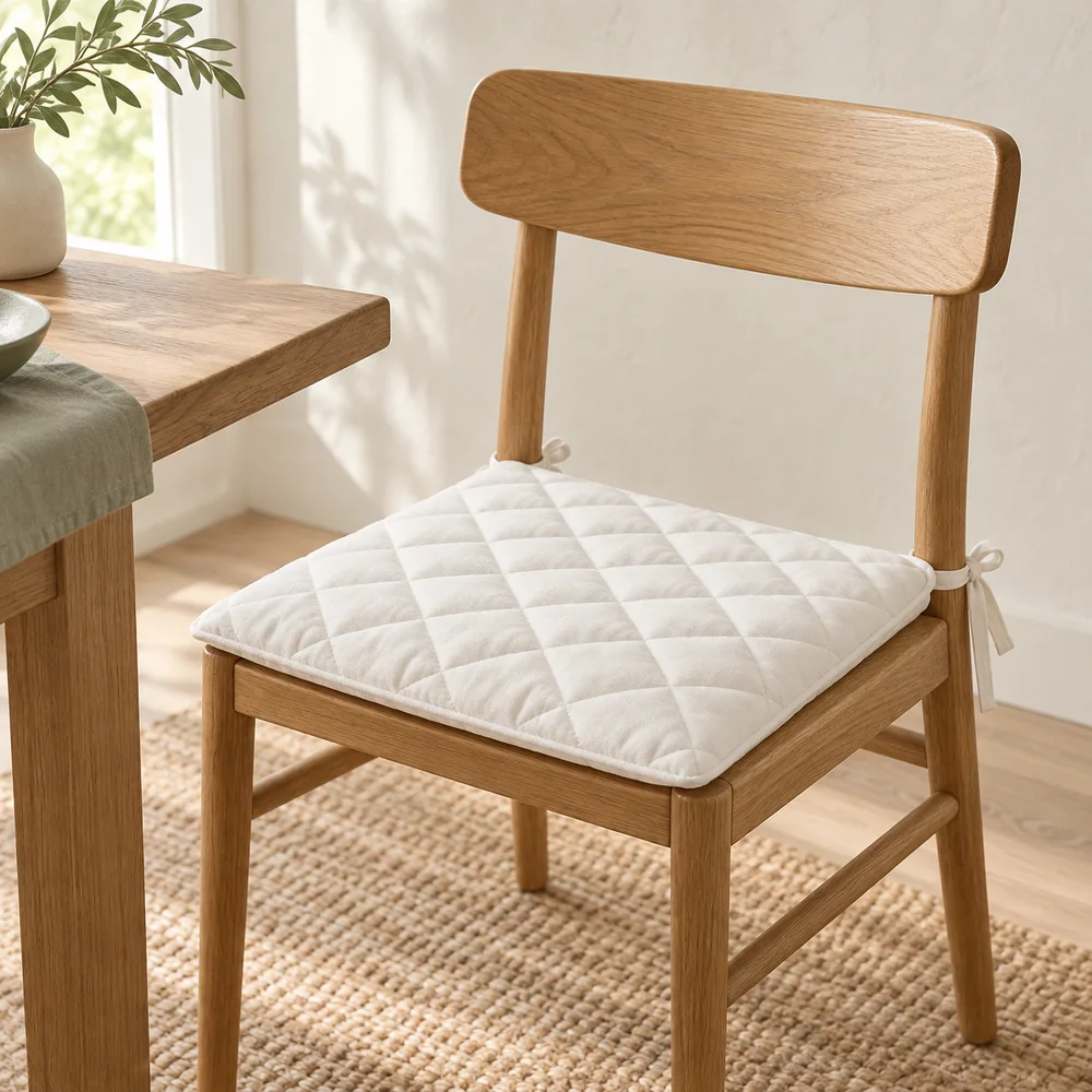 Cotton seat pad, quilted, tie-on in white