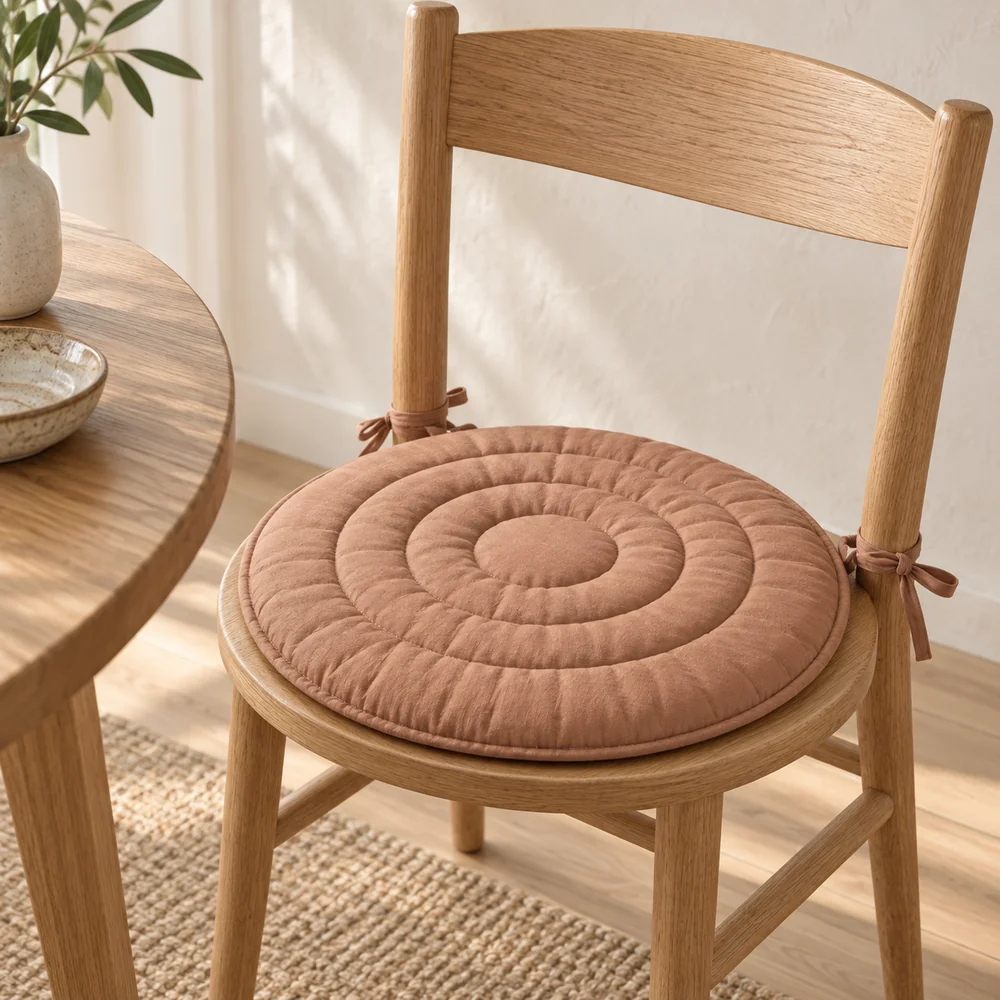 Cotton round chair pad, quilted, tie-on in clay