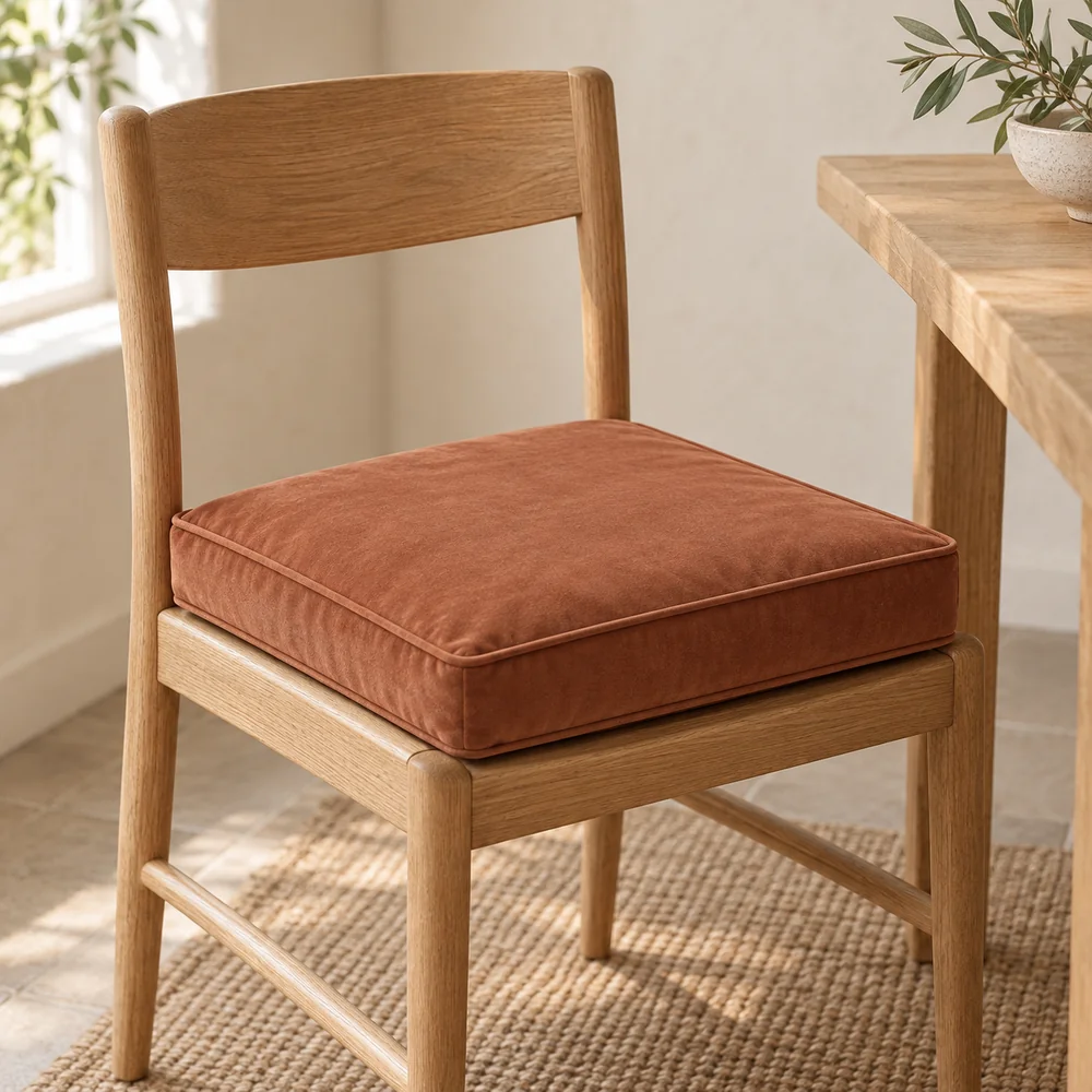 Cotton velvet seat pad, box edge in terracotta