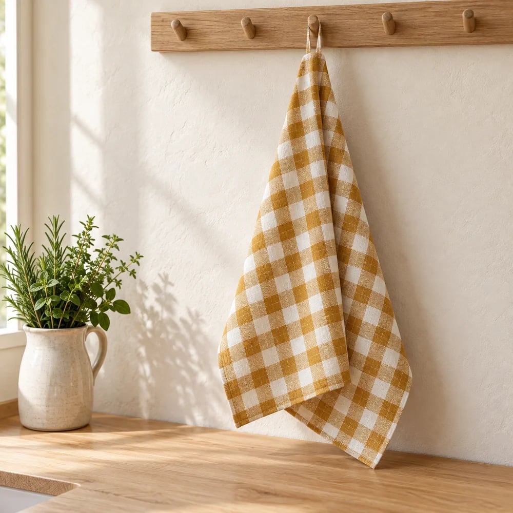Gingham check towel in ochre