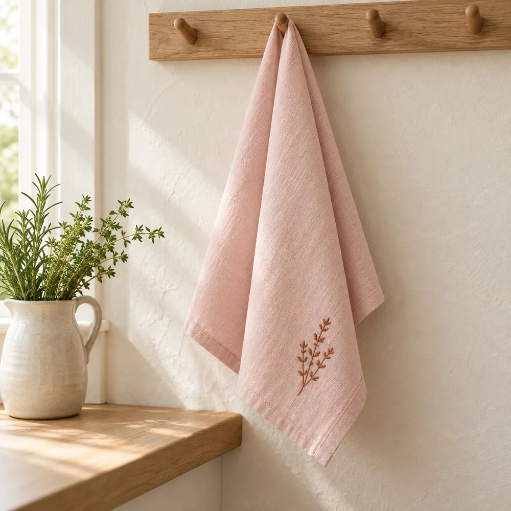 Embroidered towel in blush pink