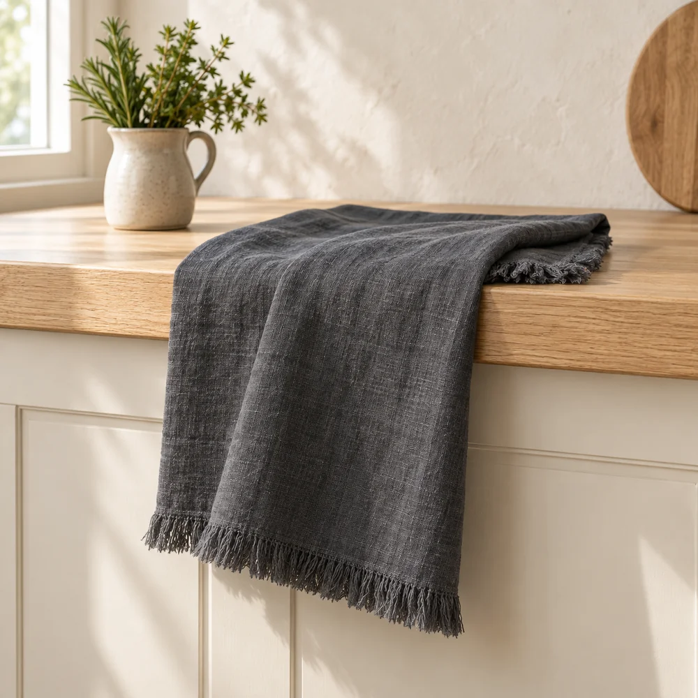 Fringed towel in charcoal