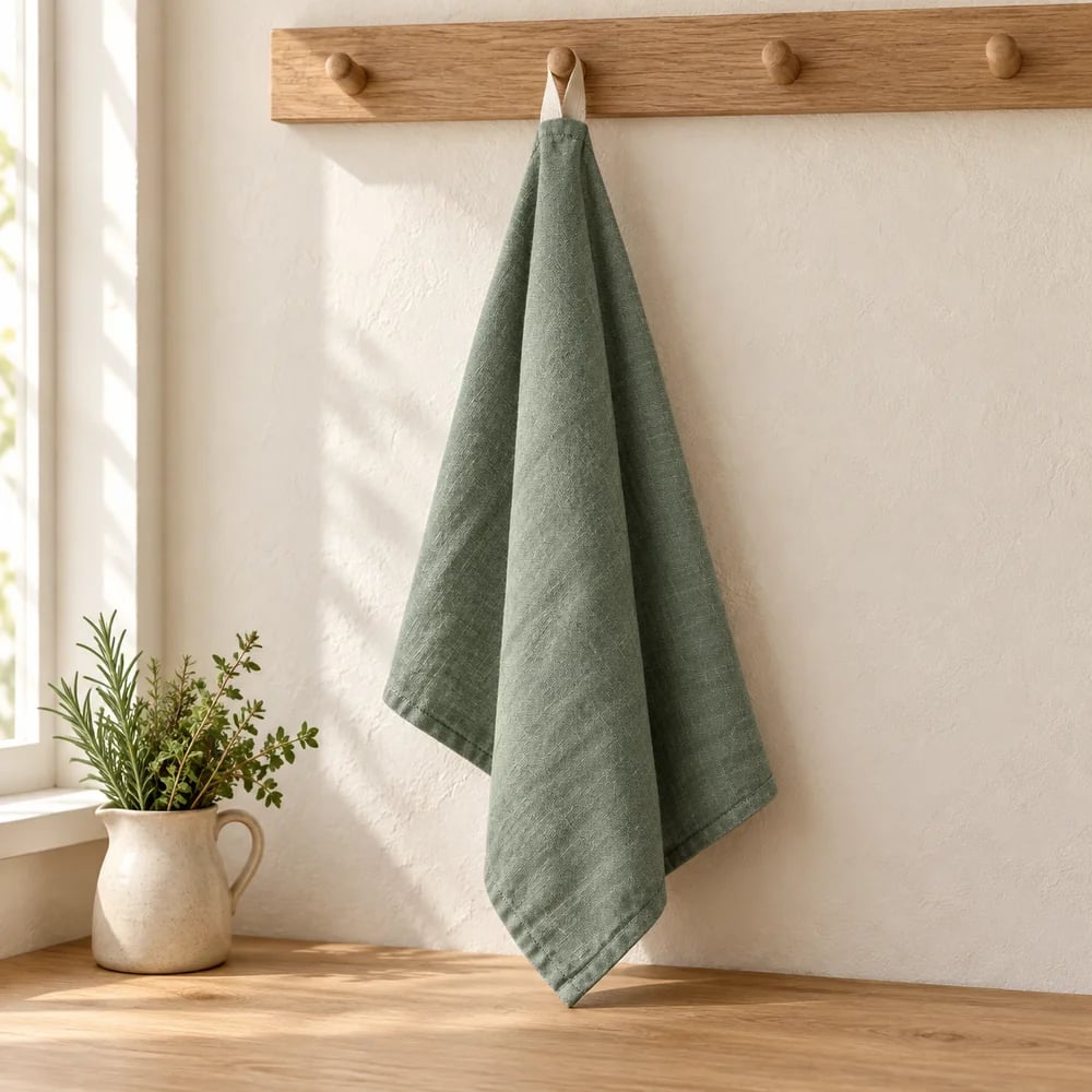 Plain linen tea towel in eucalyptus