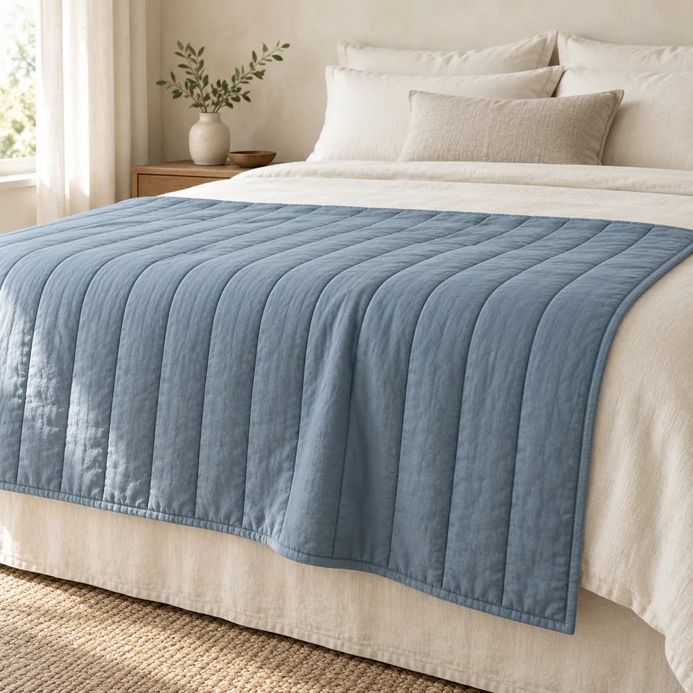 Channel quilted throw in muted blue