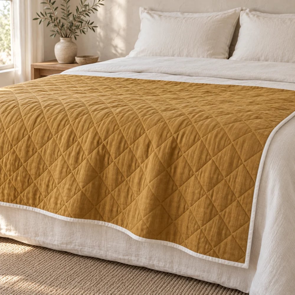 Linen diamond quilted throw in ochre