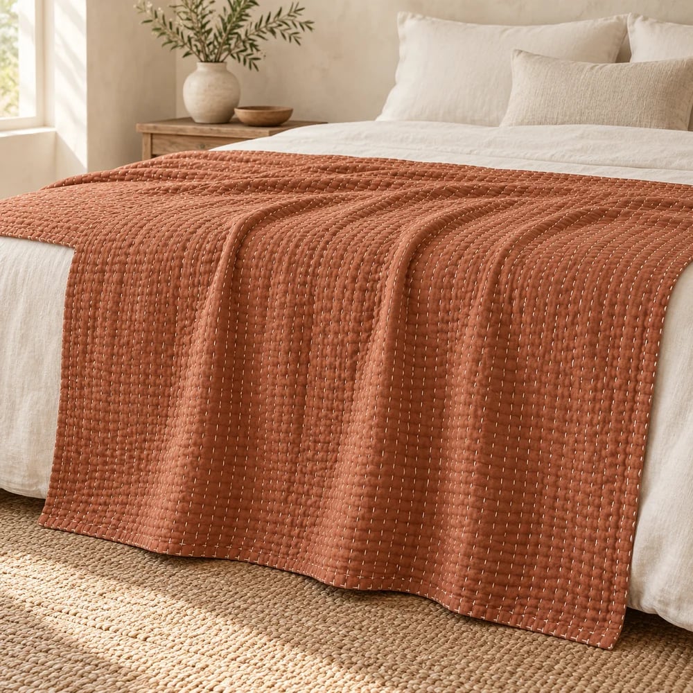 Kantha quilted throw in terracotta