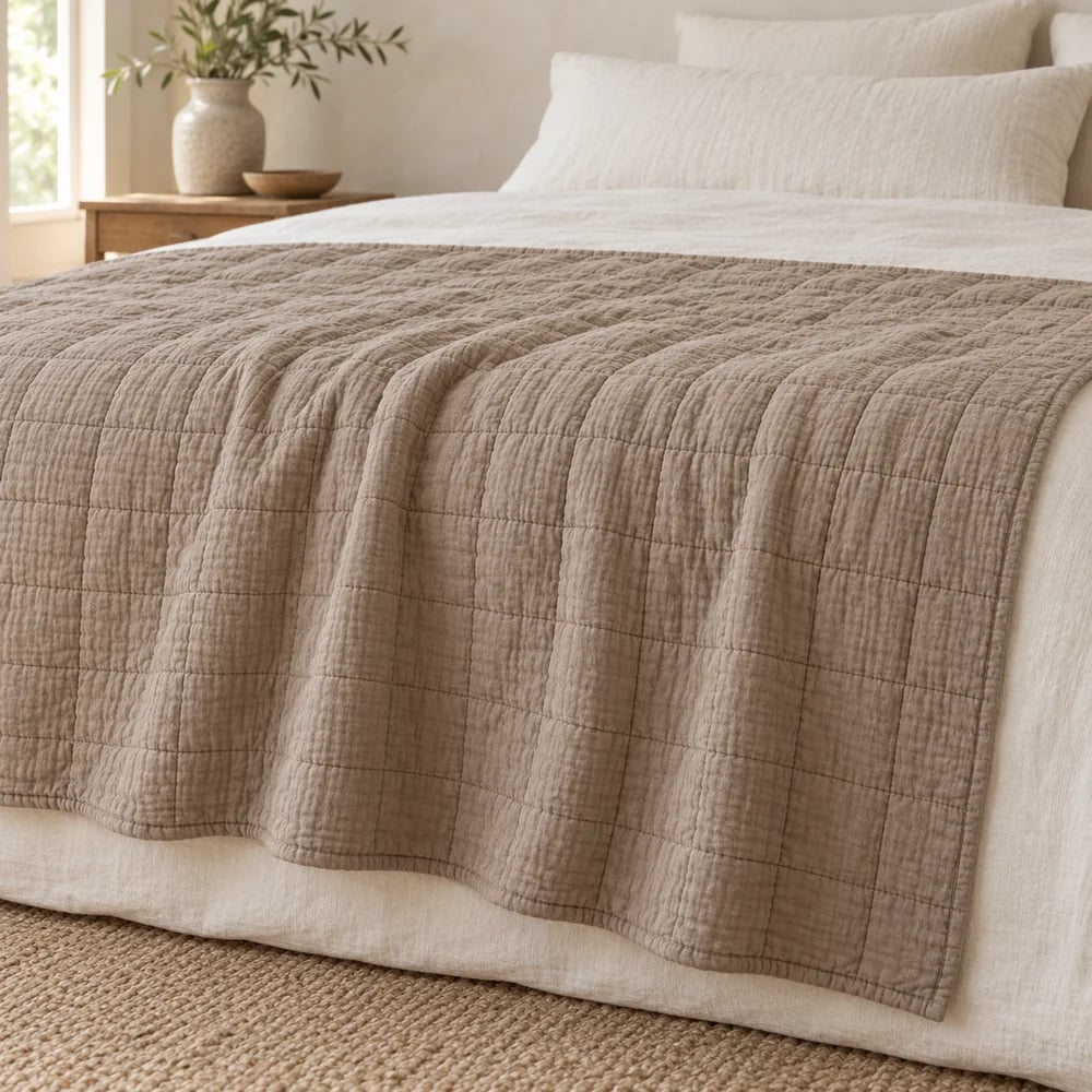 Muslin quilted throw in taupe