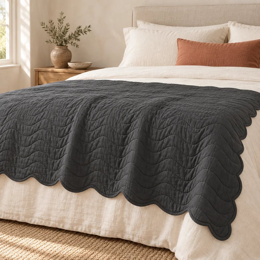 Wave quilted throw, scalloped edge in charcoal