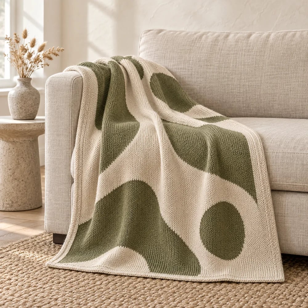 Abstract intarsia knit throw in oatmeal