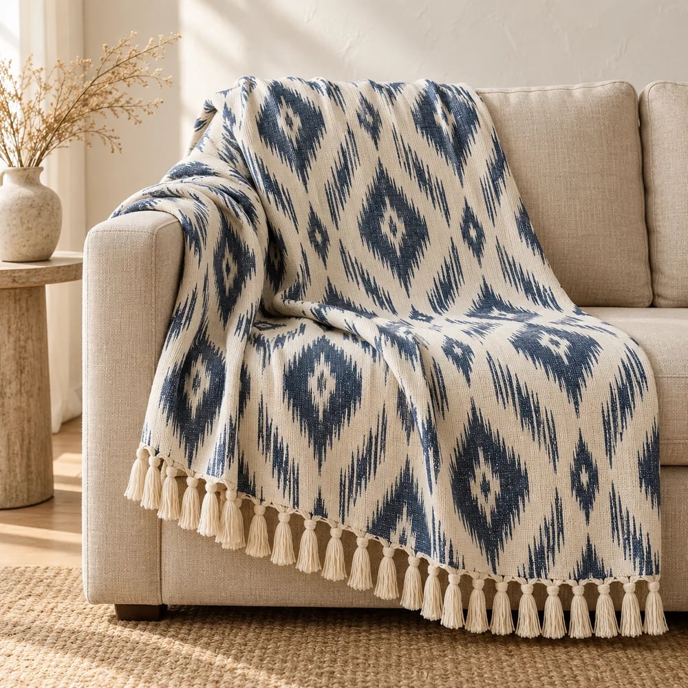 Ikat design jacquard throw in ivory