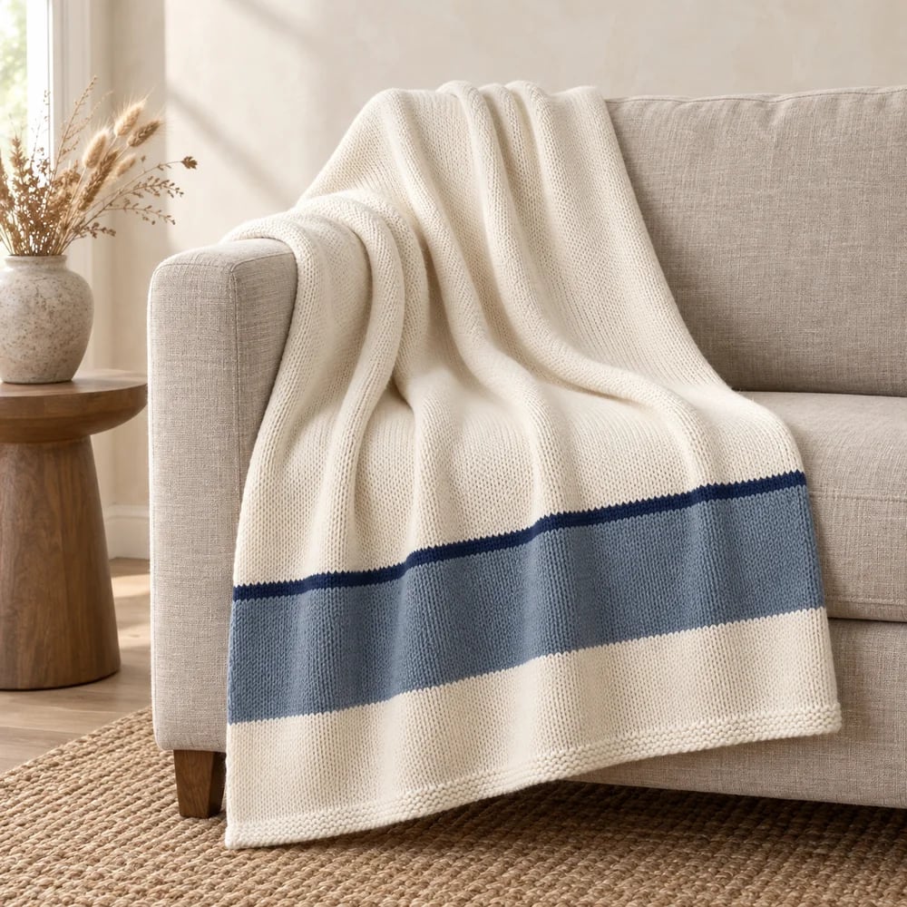 Intarsia band knit throw in slate blue