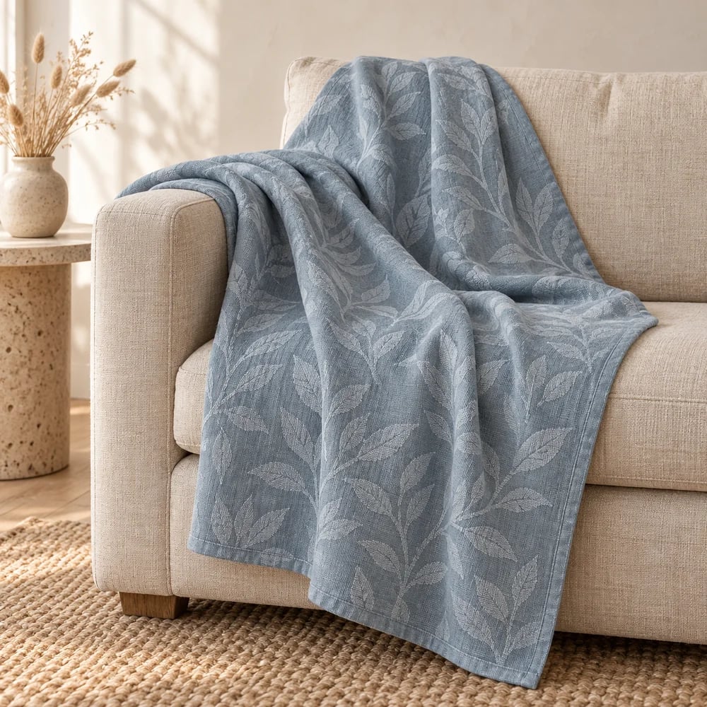 Linen leaf jacquard throw in muted blue
