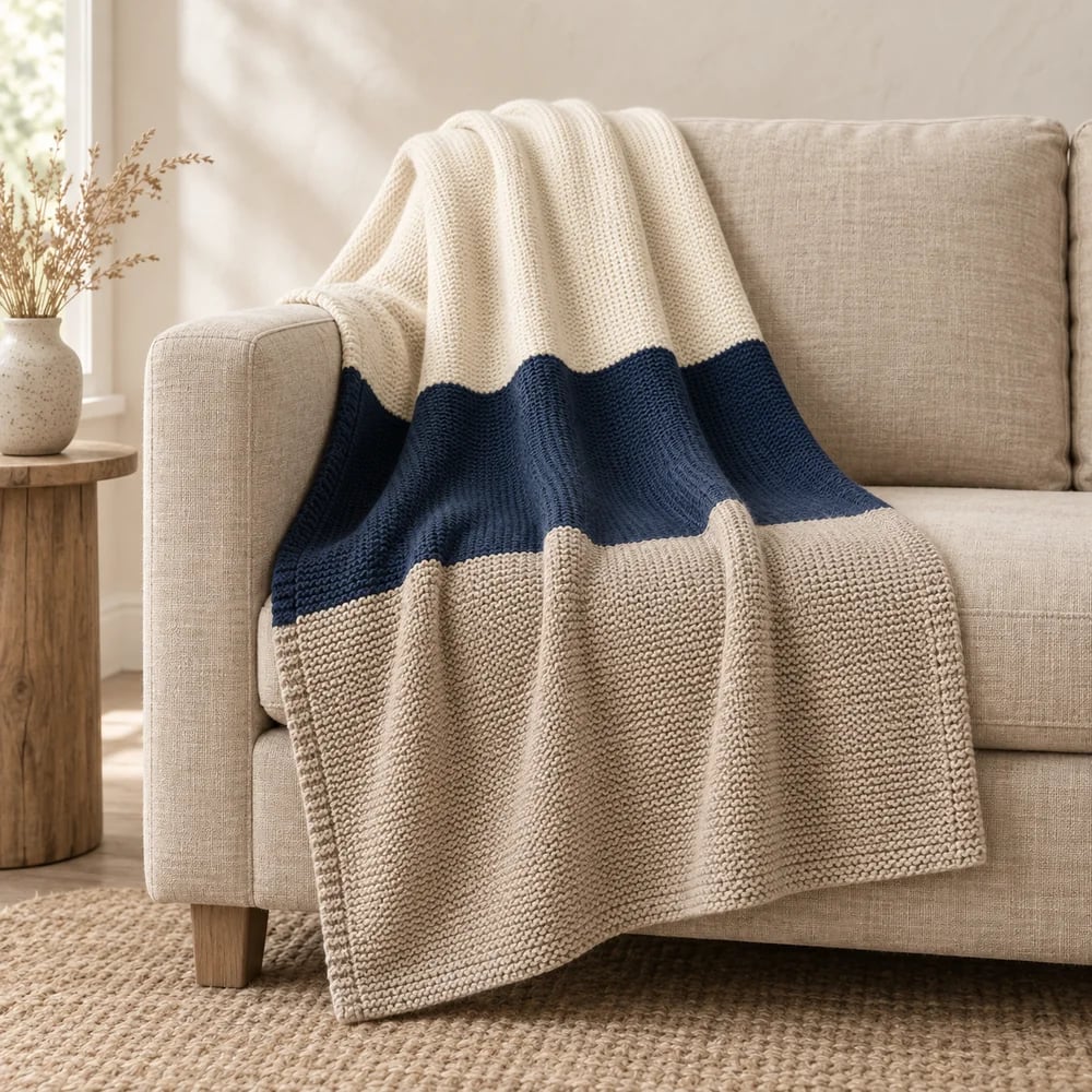 Three colour block knit throw in ivory
